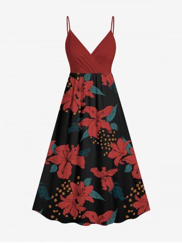 Plus Size Flower Leaf Spotted Print Hawaii Surplice A Line Cami Dress - RED - 6X