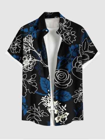 Plus Size Tropical Leaf Flower Print Hawaii Button Pocket Shirt For Men - BLACK - S