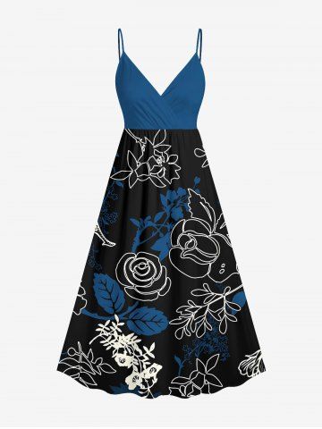 Plus Size Tropical Leaf Flower Print Hawaii Surplice A Line Cami Dress - BLACK - M