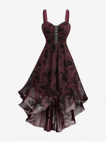 Plus Size Lily Flowers Flocking Lace Trim Ruched Asymmetrical Tank Dress - DEEP RED - 1X | US 14-16