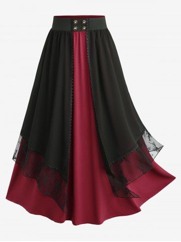 Gothic Plus Size Floral Lace Chiffon Layered A Line Skirt - DEEP RED - 3X | US 22-24