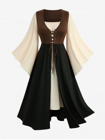 Plus Size Colorblock Patchwork Lace Up Flare Sleeves 2 in 1 Vintage Dress - DEEP COFFEE - 1X | US 14-16