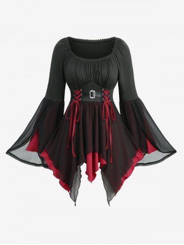 Plus Size Ruched Lace Trim Lace-up Tulip Hem Flare Sleeves Top - BLACK - L | US 12