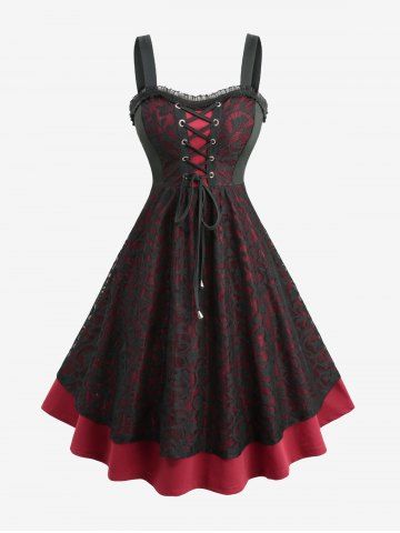 Plus Size Floral Jacquard Lace-up Grommets Lace Trim Ruffles Tank Dress - BLACK - 4X | US 26-28