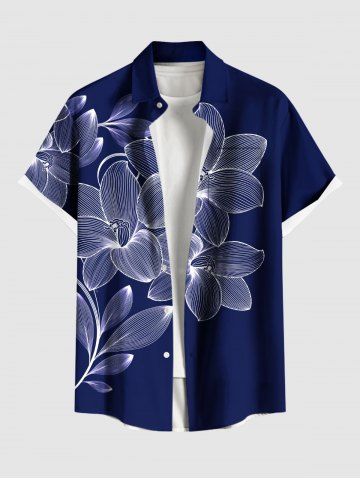 Plus Size Flower Print Hawaii Button Pocket Shirt For Men - BLUE - 3XL
