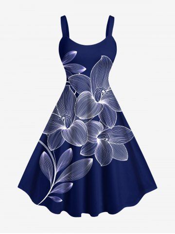 Plus Size Flower Print Hawaii A Line Tank Dress - BLUE - 3X