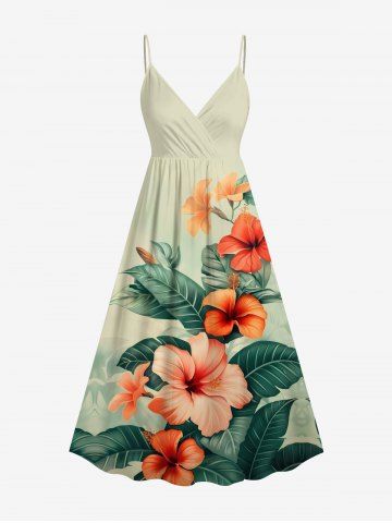 Plus Size Hibiscus Flowers Leaf Tropical Print Surplice Hawaii Cami Dress - LIGHT GREEN - 4X
