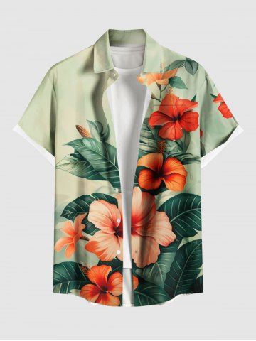 Plus Size Hibiscus Flowers Leaf Tropical Print Buttons Pocket Hawaii Shirt For Men - LIGHT GREEN - 4XL