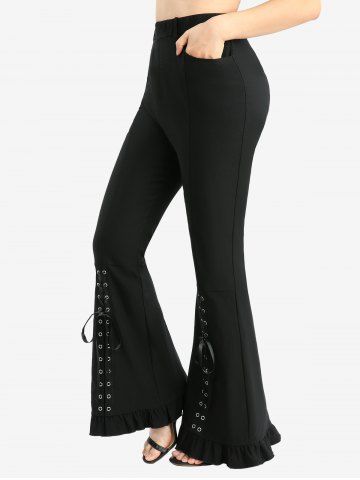 Plus Size Lace Up Pockets Ruffles Flare Pants - BLACK - 3X | US 22-24