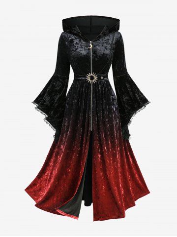 Plus Size Moon Zipper Sun Buckle Lace Trim Ombre Velvet Flare Sleeves Hooded Coat - BLACK - 3X | US 22-24