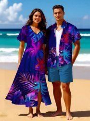 Tenue de plage hawaïenne assortie grande taille à imprimé feuilles tropicales de cocotier pour couples - Pourpre  