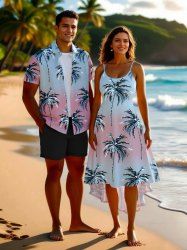 Tenue de plage hawaïenne assortie grande taille à imprimé cocotier ombré colorblock pour couples - Bleu clair 