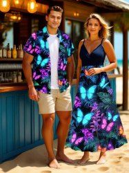 Tropical Leaf Branch Colorful Glitter Butterfly Print Plus Size Matching Hawaii Beach Outfit For Couples -  