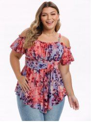 Plus Size Tie Dye Print Flowers Flocking Mesh Ruffles Ruched Twist Cold Shoulder T-shirt -  