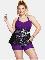 Skull Cross Flower Bird Print Twist Halter Backless Boyleg Tankini Swimsuit -  