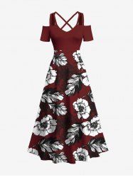 Robe longue hawaïenne grande taille à imprimé fleurs et feuilles, épaules dénudées et croisée - Rouge foncé XXS