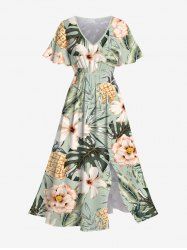 Robe mi-longue hawaïenne fendue grande taille à imprimé ananas, hibiscus, feuilles tropicales - Vert clair XXS