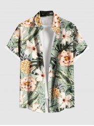 Plus Size Pineapple Hibiscus Flower Tropical Leaf Print Buttons Pocket Hawaii Shirt For Men -  