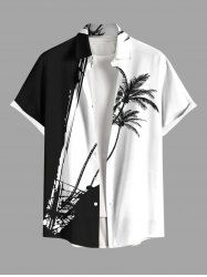 Plus Size Colorblock Coconut Tree Cliff Print Buttons Pocket Hawaii Shirt For Men -  