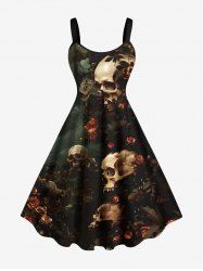 Robe débardeur hawaïenne grande taille à imprimé tête de mort, rose, fleur et nuage - Vert profond 1X