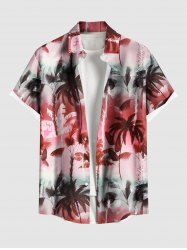 Chemise hawaïenne grande taille à imprimé cocotiers ombré et colorblock, boutons et poches, pour homme - Rouge 5XL