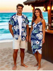 Tenue de plage hawaïenne assortie grande taille à imprimé feuilles tropicales et fleurs d'hibiscus pour couples - Bleu 