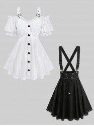 Jacquard Embroidery Pointelle Hollow Out Top and Lace Up Crisscross A Line Suspender Skirt Plus Size Outfit -  