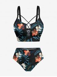 Ensemble tankini à lacets et bas de bain grande taille à imprimé feuilles tropicales et fleurs d'hibiscus hawaïen - Noir 