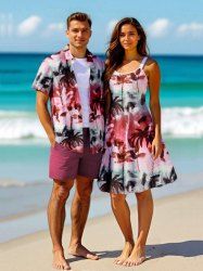 Tenue de plage hawaïenne assortie grande taille à imprimé cocotier ombré colorblock pour couples - Rouge 