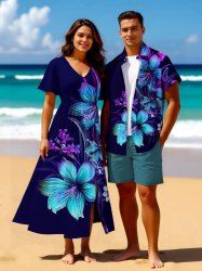 Hibiscus Flower Leaf Branch Print Plus Size Matching Hawaii Beach Outfit For Couples -  