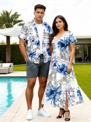 Tenue de plage hawaïenne assortie grande taille à imprimé floral pour couple - Blanc 