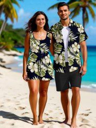 Matching Hawaii Shirt and Romper Plus Size Beach Outfit Tropical Leaf Hibiscus Flower Print For Couples -  