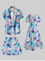 Tropical Leaf Hibiscus Flower Print Plus Size Matching Hawaii Beach Outfit For Couples -  