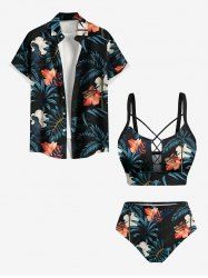 Tropical Leaf Hibiscus Flower Print Shirt Swimsuit Plus Size Matching Hawaii Beach Outfit For Couples -  