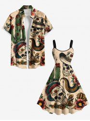 Tenue de plage assortie style cowboy hawaïen grande taille, motif tête de mort, fleur, serpent, cactus, pour couple - café lumière 