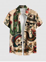 Plus Size Skull Flower Snake Cactus Print Hawaii Western Cowboy Style Shirt For Men -  