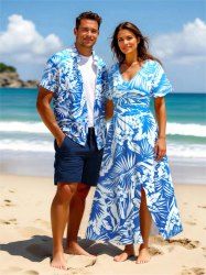 Tropical Leaf Hibiscus Flowers Print Plus Size Matching Hawaii Beach Outfit For Couples -  