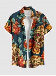 Chemise hawaïenne grande taille à imprimé tête de mort, fleur et feuilles, avec poches boutonnées pour homme - Vert XL