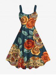 Robe débardeur trapèze hawaïenne grande taille à imprimé tête de mort, fleur et feuilles - Vert profond 6X
