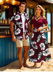 Tenue de plage hawaïenne assortie grande taille à imprimé fleurs et feuilles pour couples - Rouge foncé 
