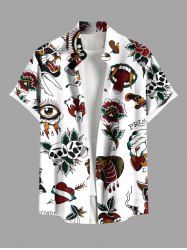 Chemise grande taille à imprimé tête de mort, fleur, cœur, œil de serpent, boutonnée et poche pour homme - Blanc 4XL