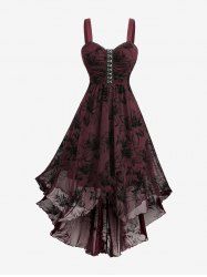Robe débardeur asymétrique froncée à fleurs de lys gothique grande taille avec bordure en dentelle floquée - Rouge foncé 5x | US 30-32