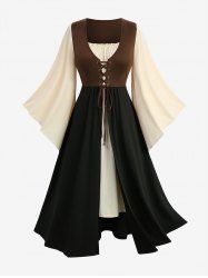 Plus Size Renaissance Colorblock Patchwork Lace Up Flare Sleeves 2 in 1 Vintage Dress -  