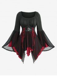 Plus Size Ruched Lace Trim Lace-up Tulip Hem Flare Sleeves Top -  