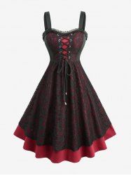 Gothic Plus Size Floral Jacquard Lace-up Grommets Lace Trim Ruffles Tank Dress -  