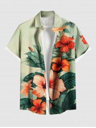 Plus Size Hibiscus Flowers Leaf Tropical Print Buttons Pocket Hawaii Shirt For Men -  