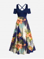 Robe longue trapèze croisée à épaules dénudées et imprimé ethnique hawaïen, grande taille, motif feuilles tropicales et fleurs d'hibiscus - Bleu profond 1X