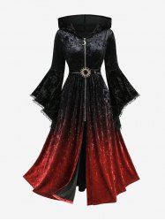Manteau à capuche grande taille en velours ombré avec fermeture éclair en forme de lune, boucle soleil et bordure en dentelle, manches évasées et boucle soleil - Noir 4X | US 26-28