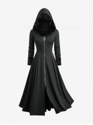 Manteau uni grande taille à fermeture éclair étoile, bordure en fourrure, capuche et manches longues - Noir 1X | US 14-16