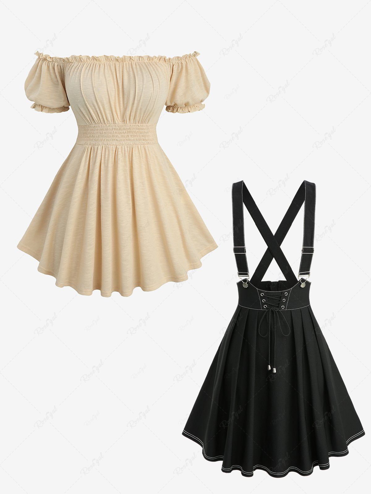 Best Ruched Bust Elastic Waist Top and Zipper Lace Up Topstitching Crisscross A Line Suspender Skirt Plus Size Outfit  